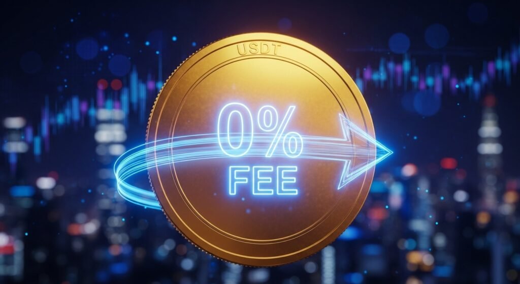 수수료 없는 환전을 상징하는 테더 코인과 디지털 화살표